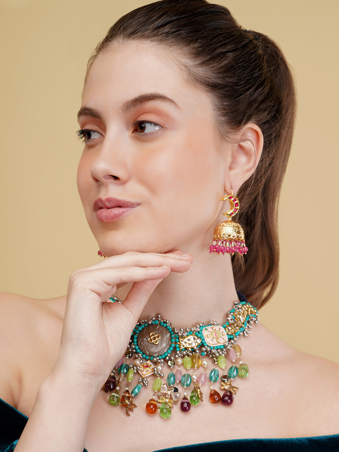 Blue and Beige Peacock inspired multi shaped tikra necklace with hangings and handmade dori from Dugristyle Ruhaniyat By Dugran