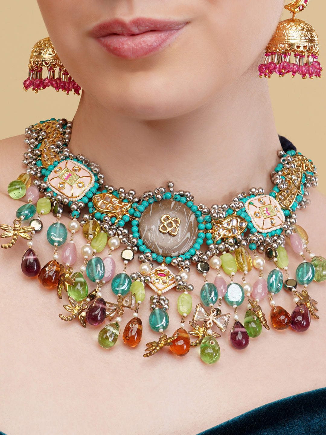 Blue and Beige Peacock inspired multi shaped tikra necklace with hangings and handmade dori from Dugristyle Ruhaniyat By Dugran