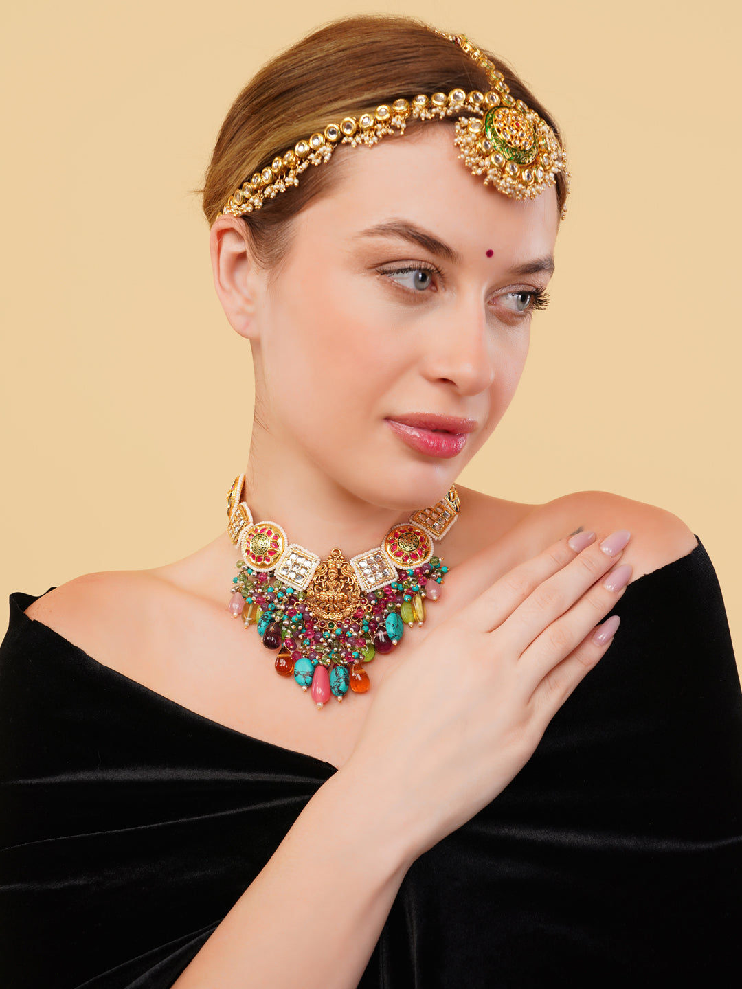 Red and Gold Temple Necklace with kundan tikras and mouthful of hangings to give a wholesome look from Dugristyle Ruhaniyat By Dugran