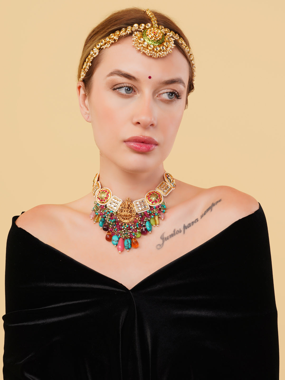 Red and Gold Temple Necklace with kundan tikras and mouthful of hangings to give a wholesome look from Dugristyle Ruhaniyat By Dugran