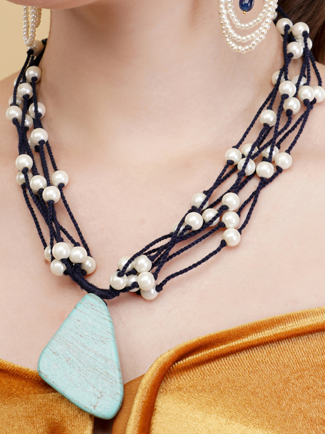 Blue and Black Pearls in thread necklace with natural stone hanging as a locket with adjustable chain from Dugristyle Ruhaniyat By Dugran