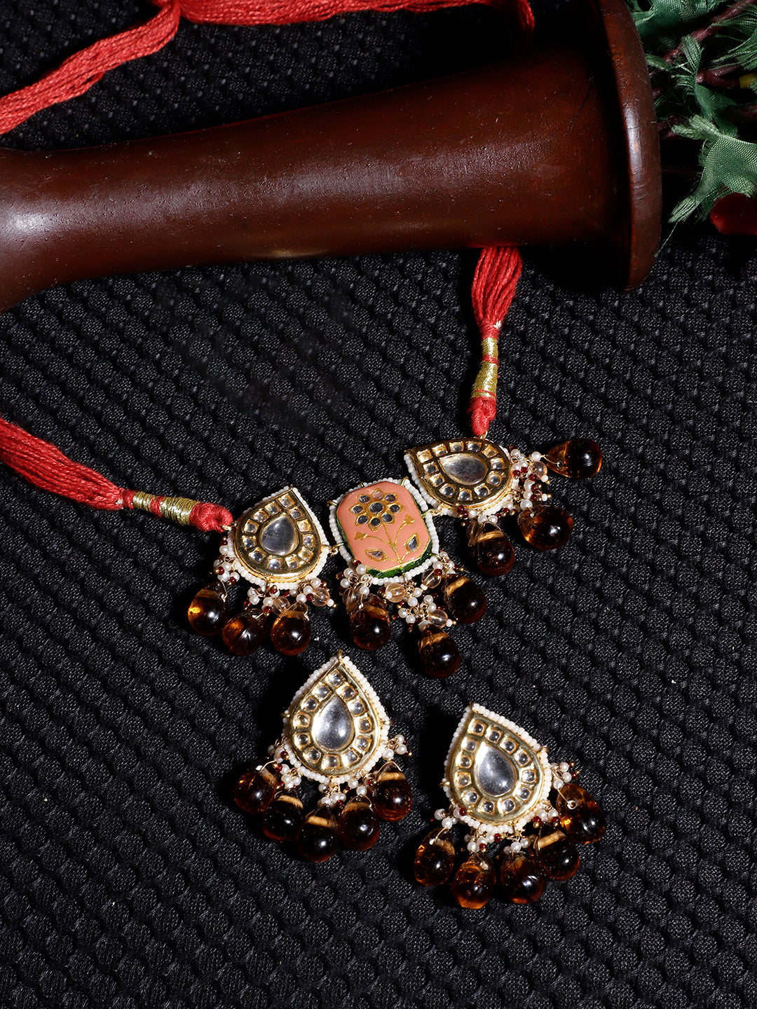Orange and Red Meenakari Jewellery Set with Adjustable Dori and Drop Shaped Kundan from Dugristyle Ruhaniyat By Dugran