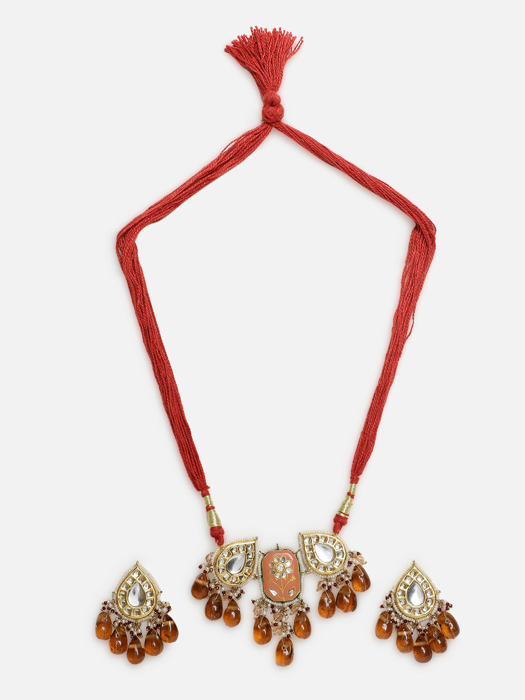 Orange and Red Meenakari Jewellery Set with Adjustable Dori and Drop Shaped Kundan from Dugristyle Ruhaniyat By Dugran