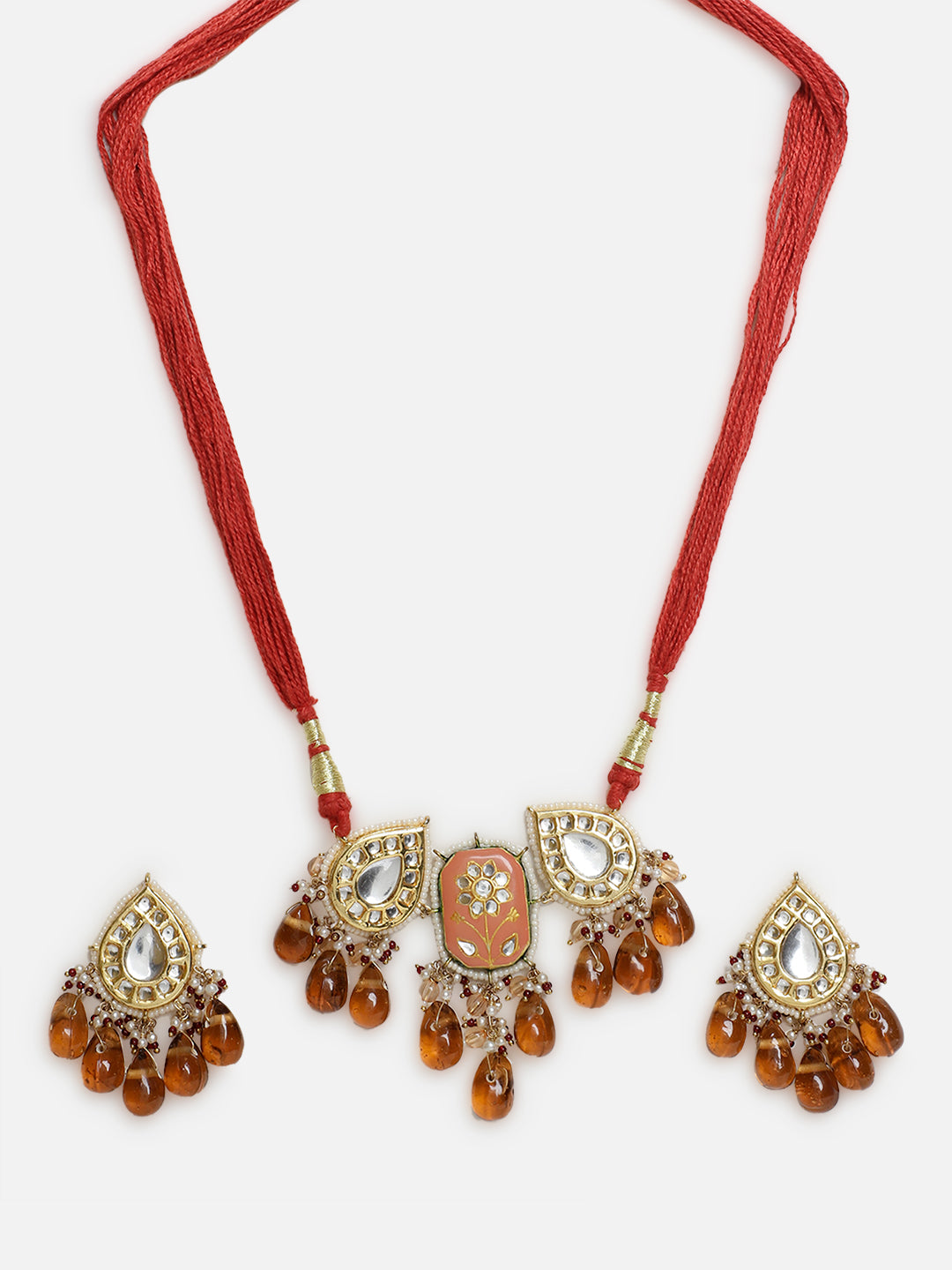 Orange and Red Meenakari Jewellery Set with Adjustable Dori and Drop Shaped Kundan from Dugristyle Ruhaniyat By Dugran