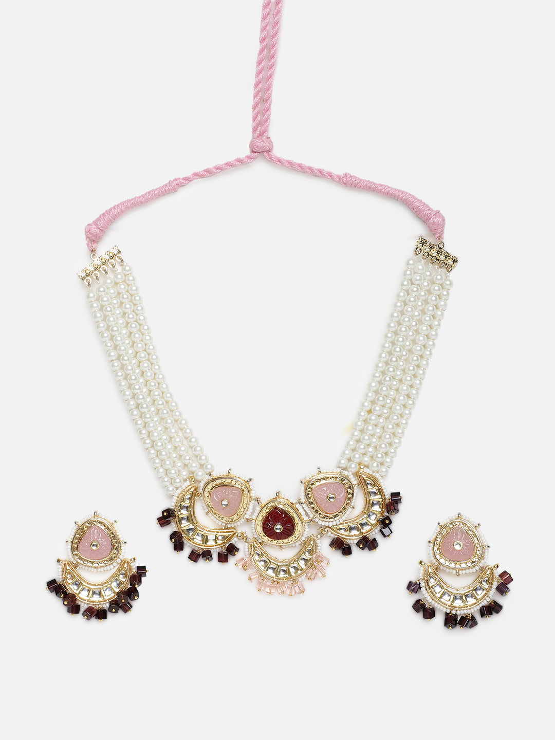 Pink and Maroon Kundan Jewellery Set with Pearls Strings and Carved Stones from Dugristyle Ruhaniyat By Dugran
