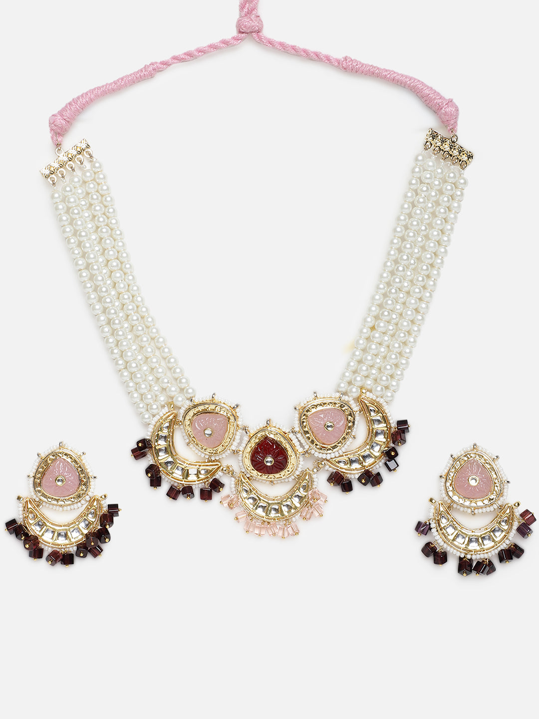 Pink and Maroon Kundan Jewellery Set with Pearls Strings and Carved Stones from Dugristyle Ruhaniyat By Dugran