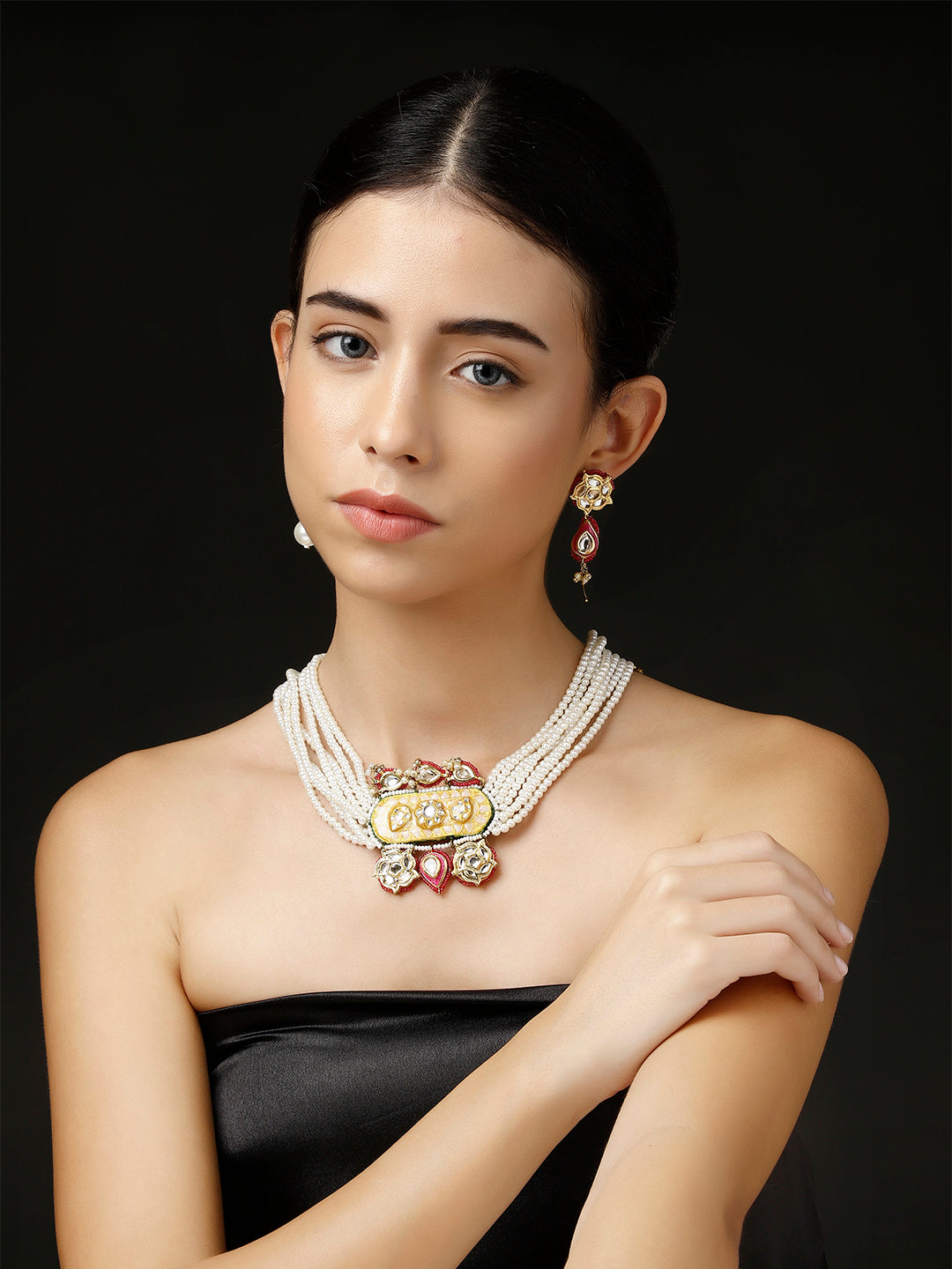 Peach and Pink Meenakari Jewellery Set with Adjustable Dori and Multi Color Pearl Hangings from Dugristyle Ruhaniyat By Dugran