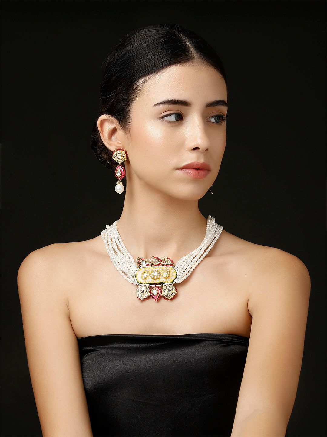 Peach and Pink Meenakari Jewellery Set with Adjustable Dori and Multi Color Pearl Hangings from Dugristyle Ruhaniyat By Dugran