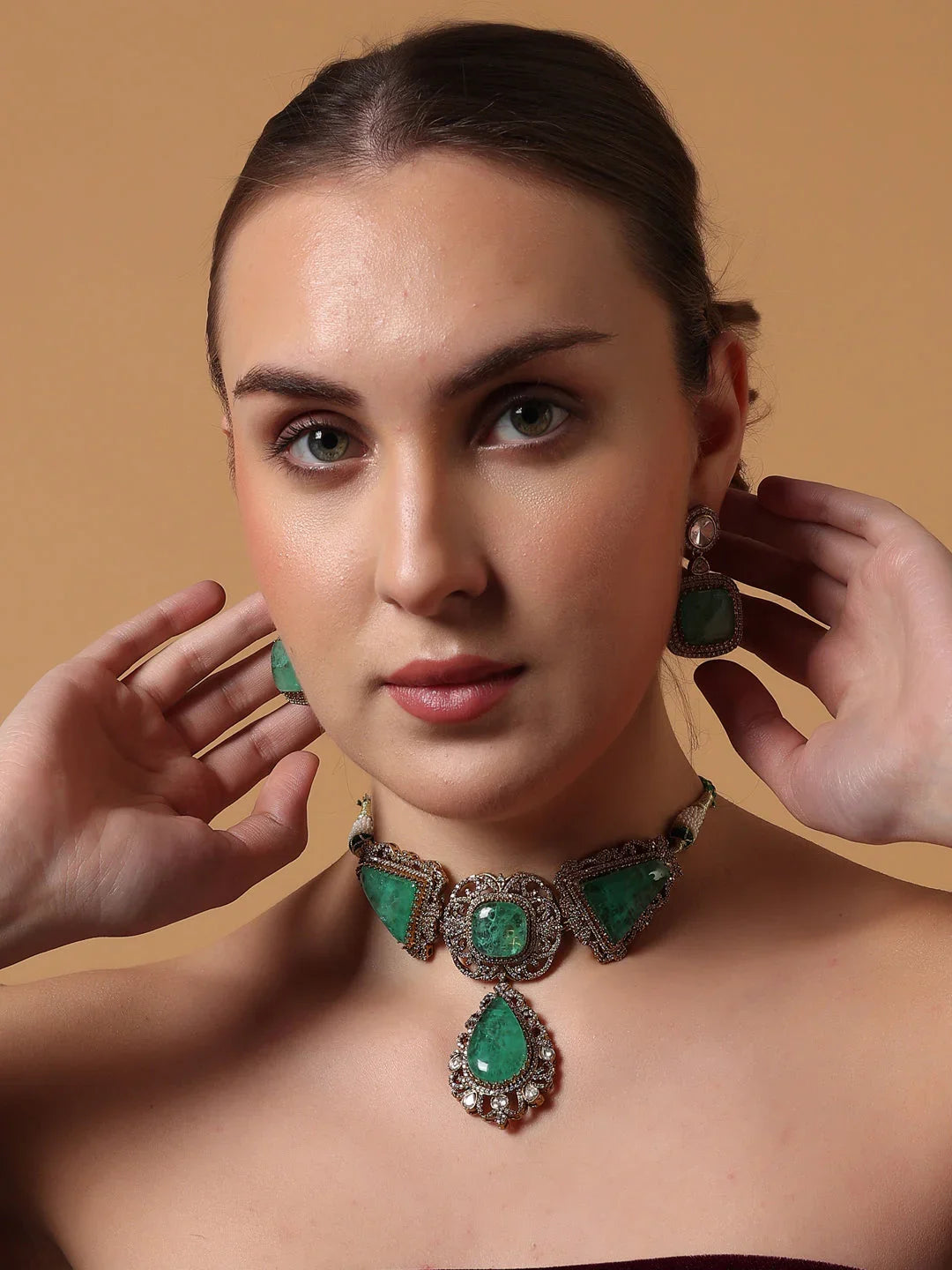 Green and Gold Moissanite with American Diamond necklace with Earring from Dugristyle Ruhaniyat By Dugran