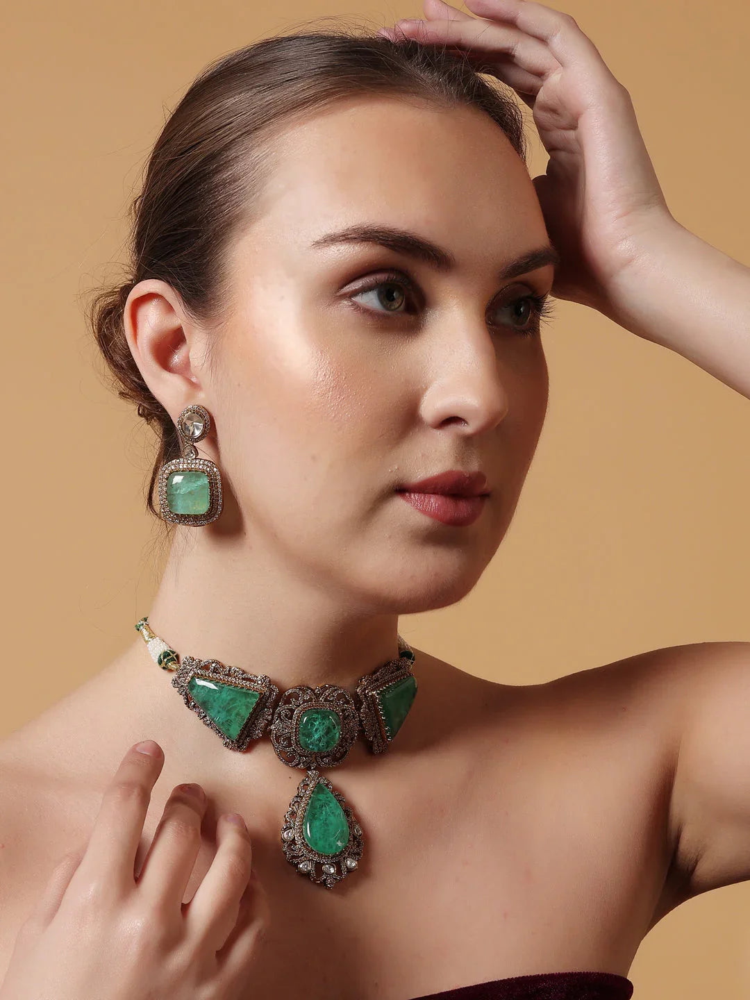 Green and Gold Moissanite with American Diamond necklace with Earring from Dugristyle Ruhaniyat By Dugran
