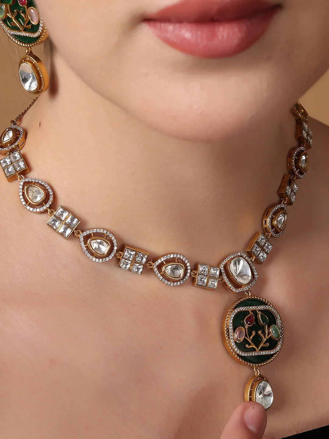Green and Pink American Diamond used with moissanite stone necklace set from Dugristyle Ruhaniyat By Dugran