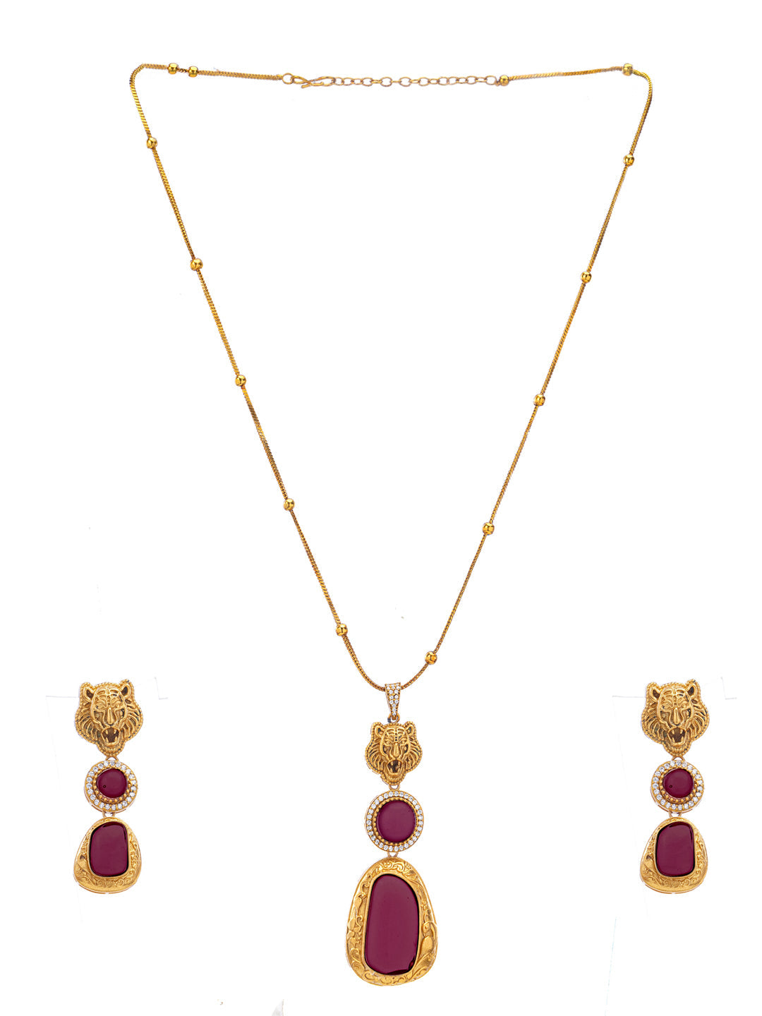Maroon and Gold Moissanite Stones used with Tiger design Necklace and earrings set from Dugristyle Ruhaniyat By Dugran