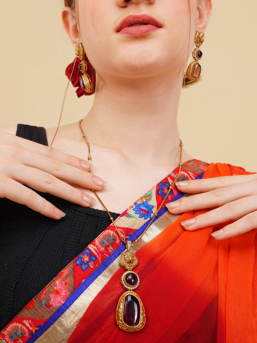 Maroon and Gold Moissanite Stones used with Tiger design Necklace and earrings set from Dugristyle Ruhaniyat By Dugran