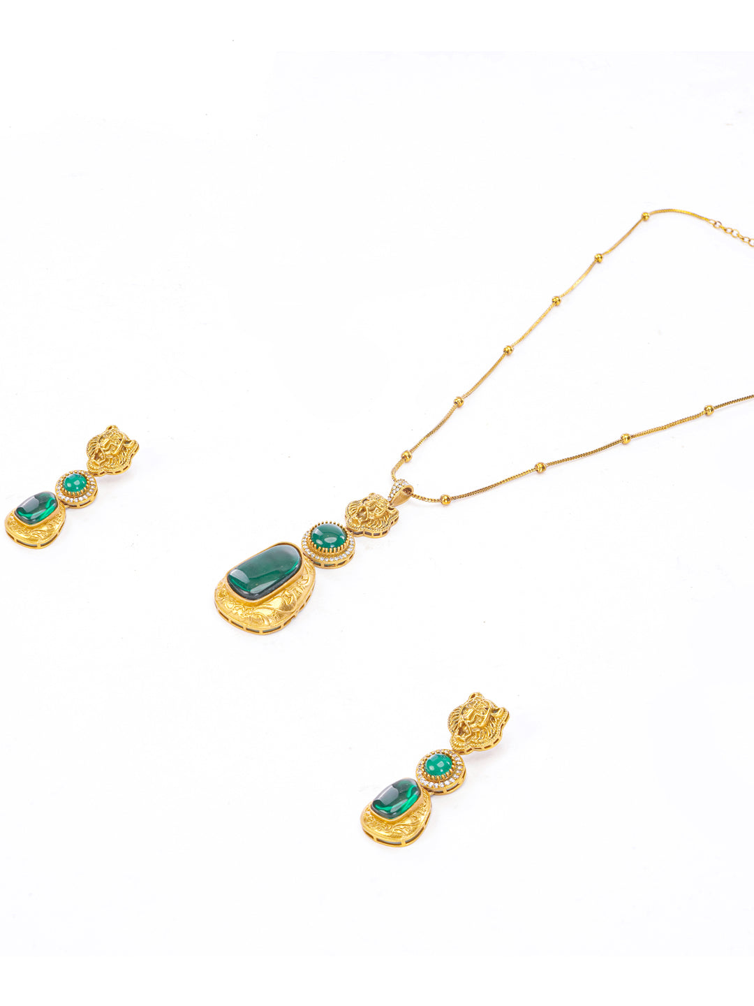 Green and Gold Moissanite Stones used with Tiger design Necklace and earrings set from Dugristyle Ruhaniyat By Dugran