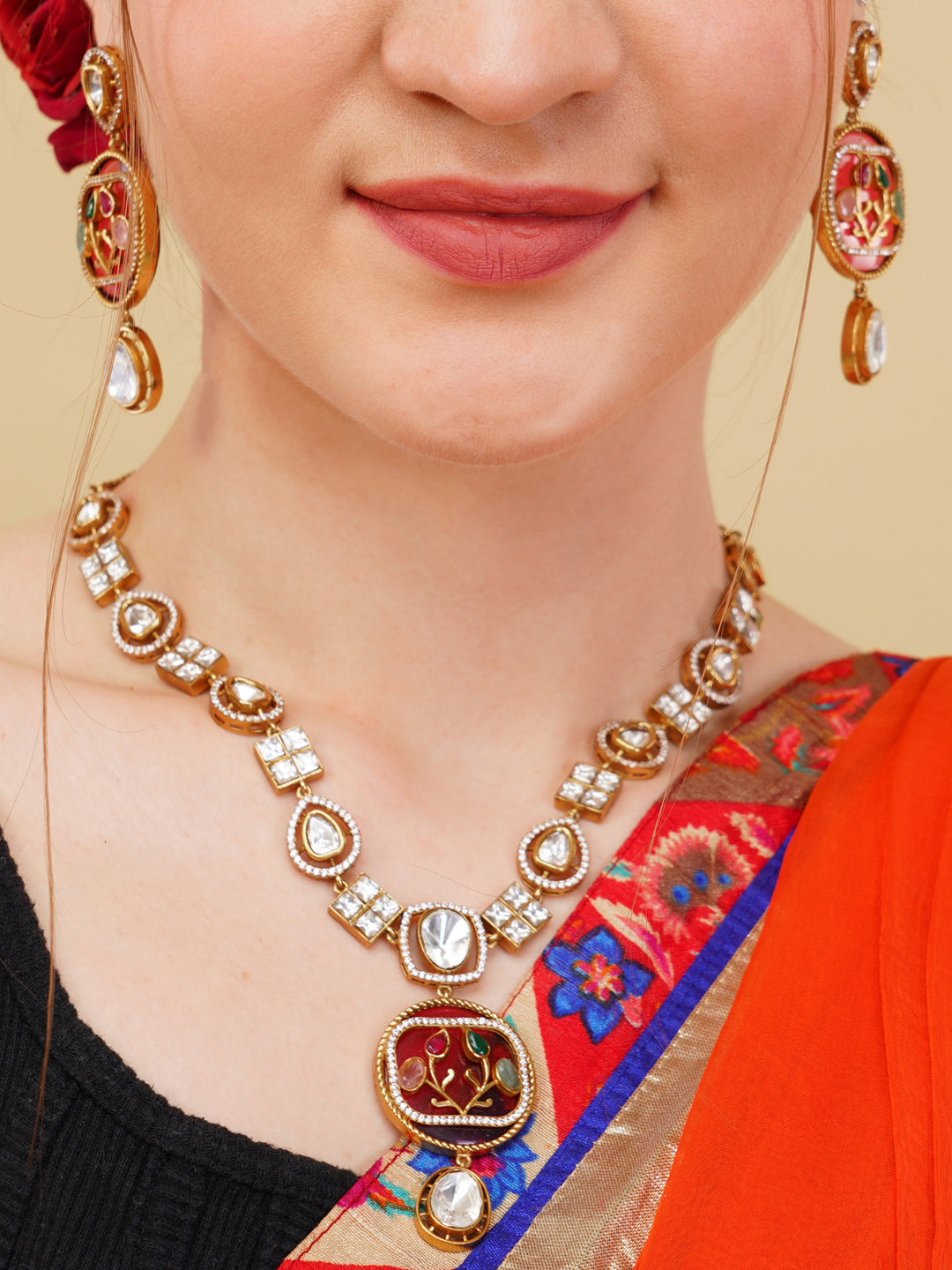 Red and Green Moissanite with American Diamond necklace with Earring from Dugristyle Ruhaniyat By Dugran