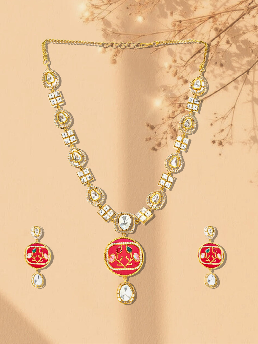Red and Green Moissanite with American Diamond necklace with Earring from Dugristyle Ruhaniyat By Dugran