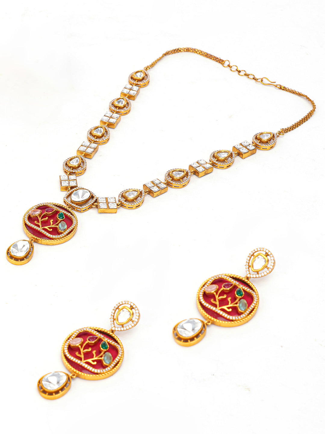 Red and Green Moissanite with American Diamond necklace with Earring from Dugristyle Ruhaniyat By Dugran