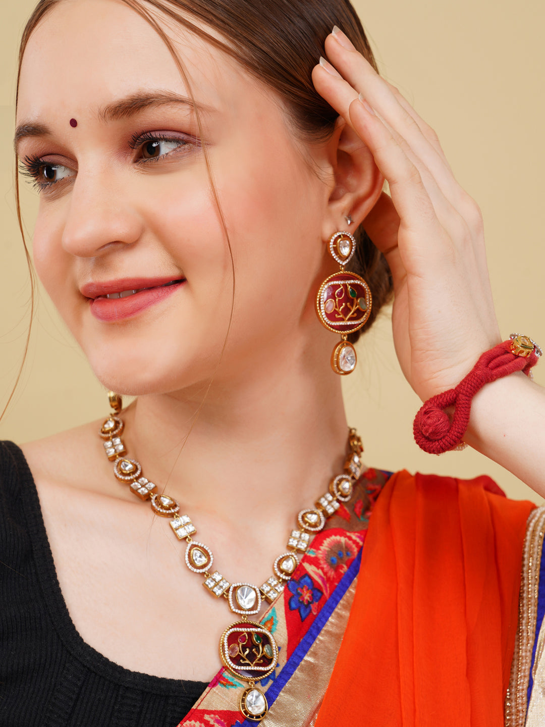 Red and Green Moissanite with American Diamond necklace with Earring from Dugristyle Ruhaniyat By Dugran