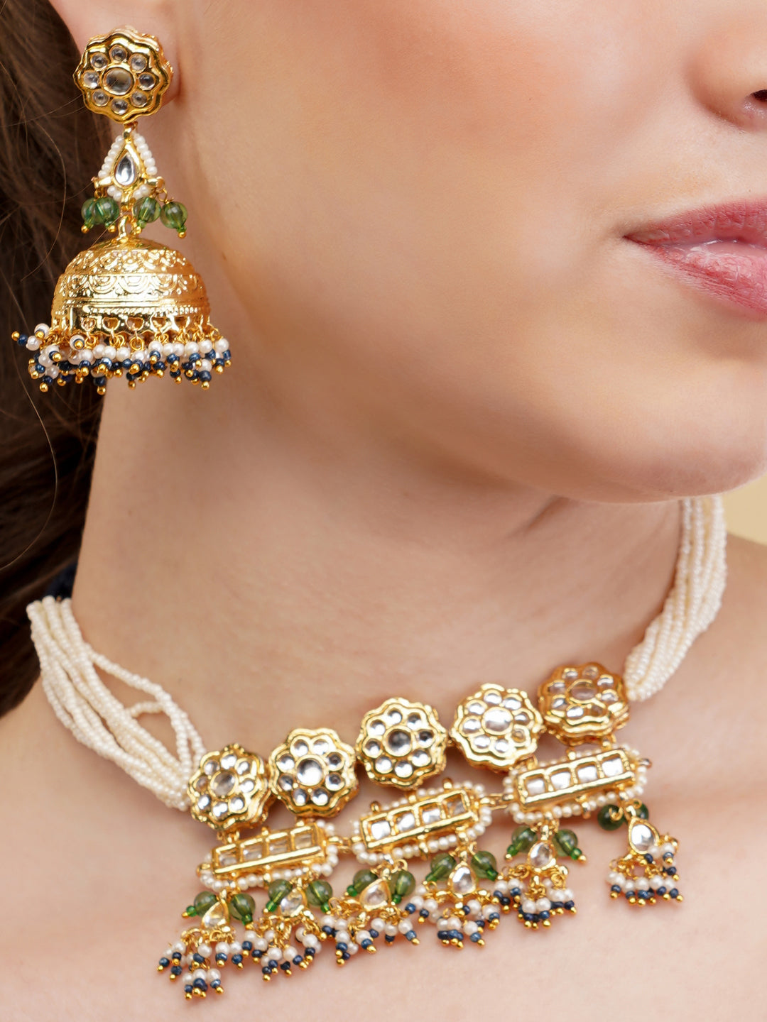 Green and Gold Kundan with Multi Shaped tikras and Colored hangings Jewellery Set from Dugristyle Ruhaniyat By Dugran