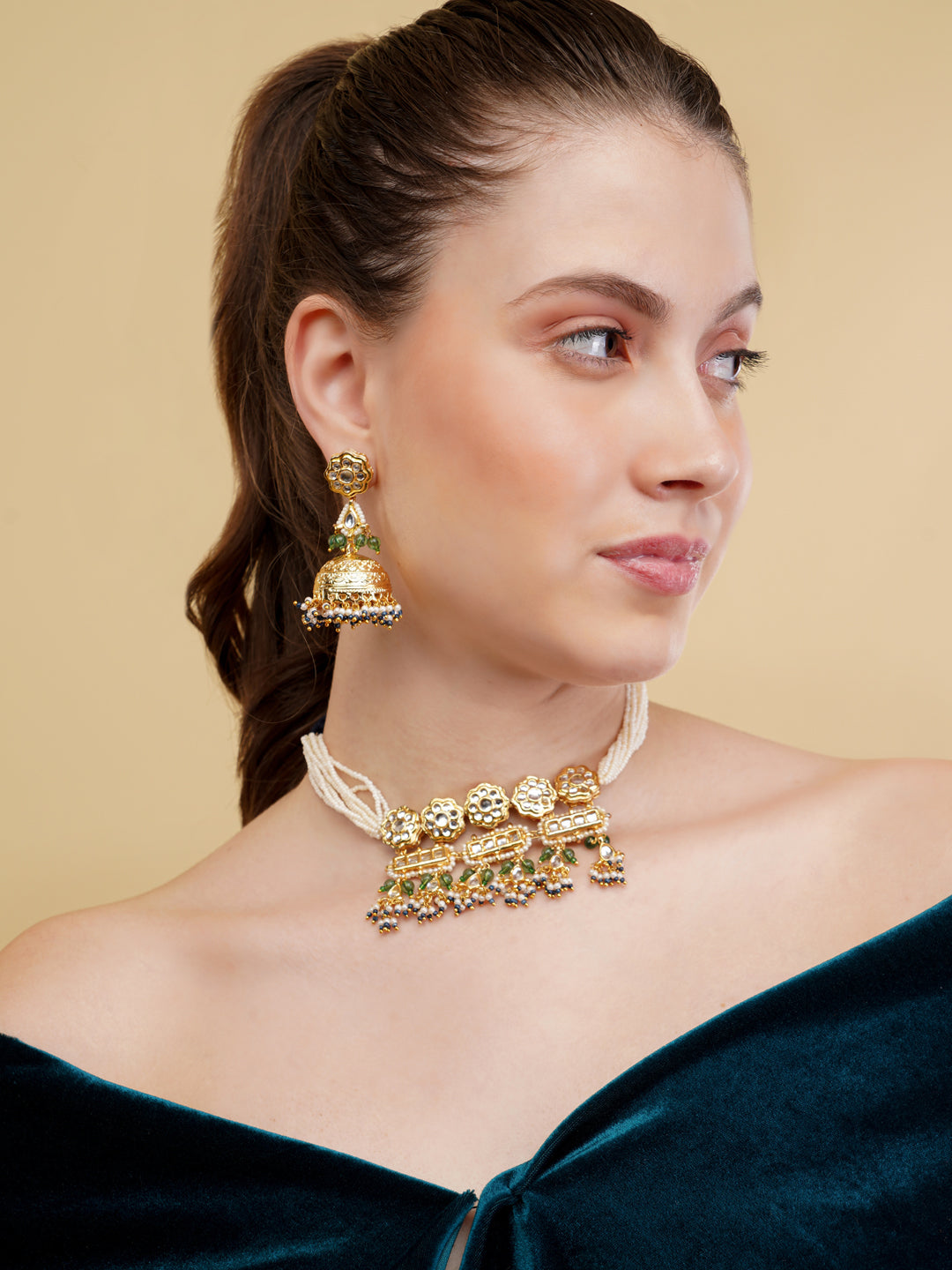 Green and Gold Kundan with Multi Shaped tikras and Colored hangings Jewellery Set from Dugristyle Ruhaniyat By Dugran