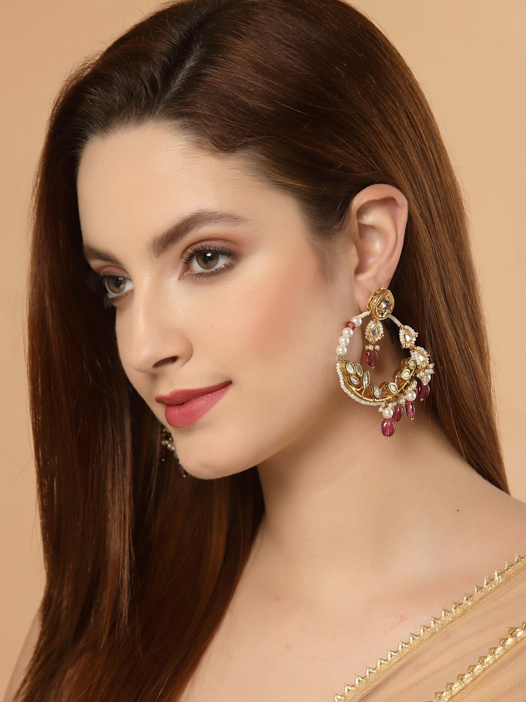 Pink and Gold Kundan Chand Bali Earring from Dugristyle Ruhaniyat By Dugran
