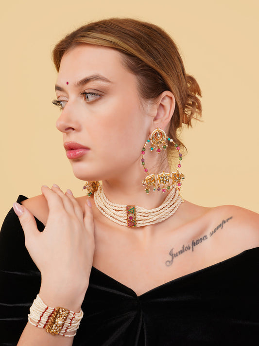 Red and Gold Kundan Earring in Chandbali style with small Latkans from Dugristyle Ruhaniyat By Dugran