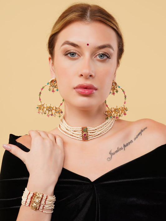 Red and Gold Kundan Earring in Chandbali style with small Latkans from Dugristyle Ruhaniyat By Dugran