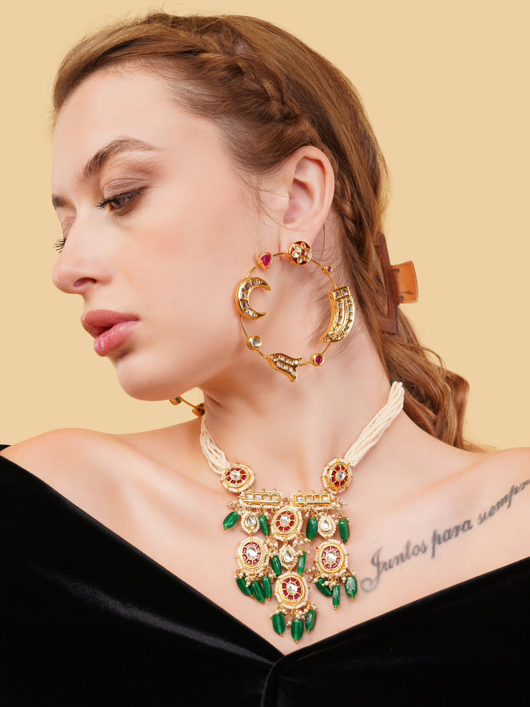 Maroon and Gold Kundan Earring in Chandbali style from Dugristyle Ruhaniyat By Dugran
