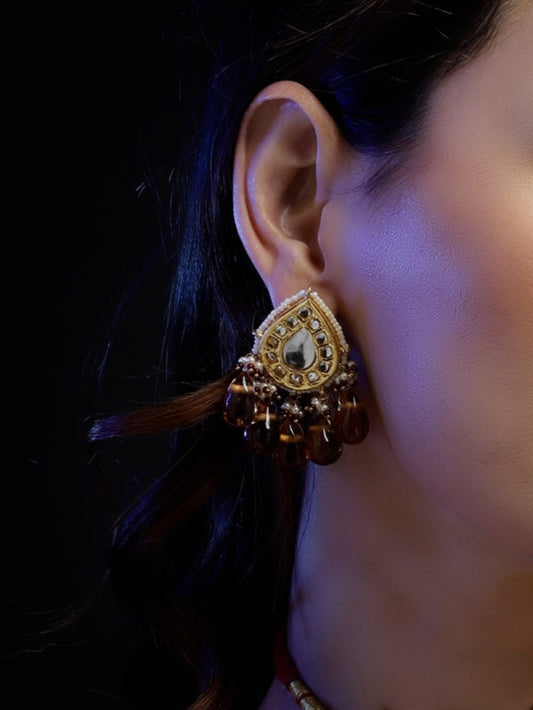 Orange and White Drop Kundan earring with Orange Drop Stones from Dugristyle Ruhaniyat By Dugran