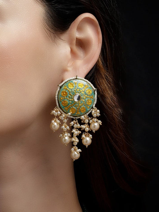 Green and Yellow Meenakari Earring wth Pearl Hangings from Dugristyle Ruhaniyat By Dugran