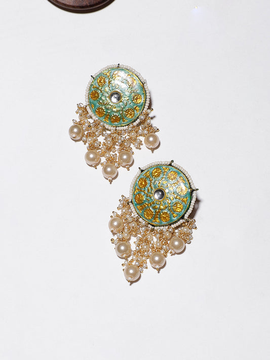 Green and Yellow Meenakari Earring wth Pearl Hangings from Dugristyle Ruhaniyat By Dugran