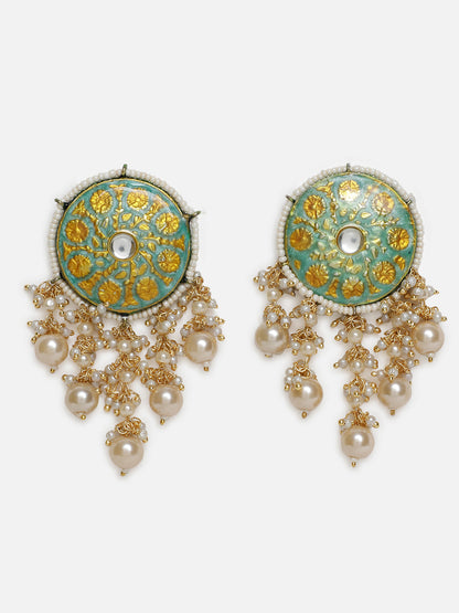 Green and Yellow Meenakari Earring wth Pearl Hangings from Dugristyle Ruhaniyat By Dugran