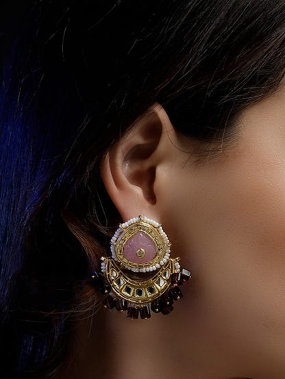 Pink and Maroon Carving Stone Kundan Earring from Dugristyle Ruhaniyat By Dugran