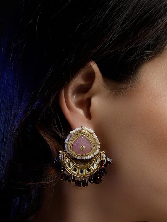 Pink and Maroon Carving Stone Kundan Earring from Dugristyle Ruhaniyat By Dugran