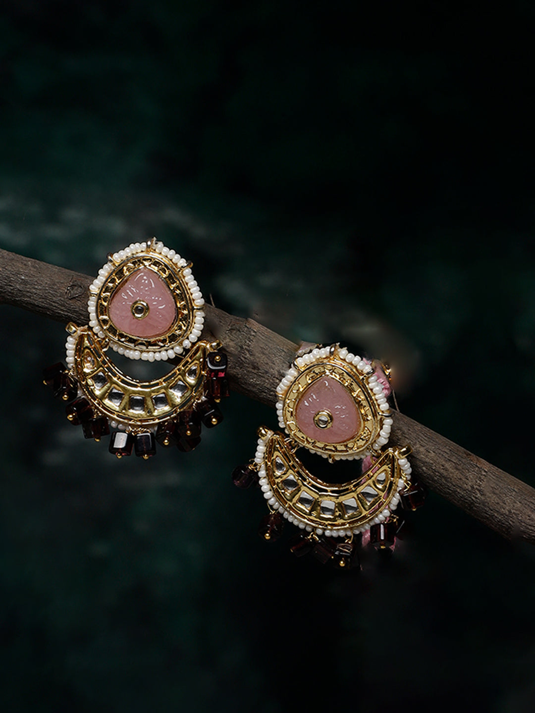 Pink and Maroon Carving Stone Kundan Earring from Dugristyle Ruhaniyat By Dugran