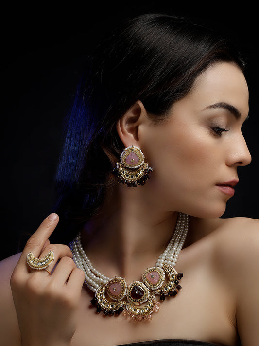 Pink and Maroon Carving Stone Kundan Earring from Dugristyle Ruhaniyat By Dugran