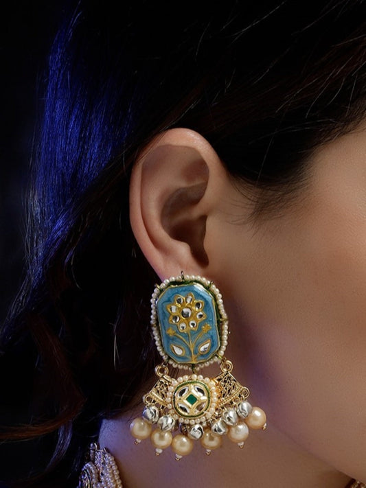 Blue and Cream Meenakari Earring wth Pearl Hangings from Dugristyle Ruhaniyat By Dugran