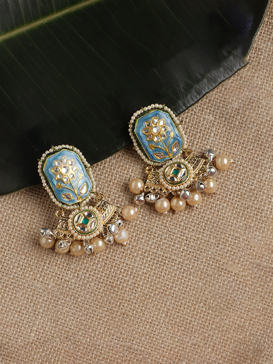 Blue and Cream Meenakari Earring wth Pearl Hangings from Dugristyle Ruhaniyat By Dugran