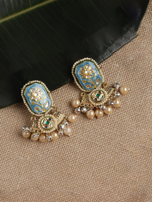 Blue and Cream Meenakari Earring wth Pearl Hangings from Dugristyle Ruhaniyat By Dugran