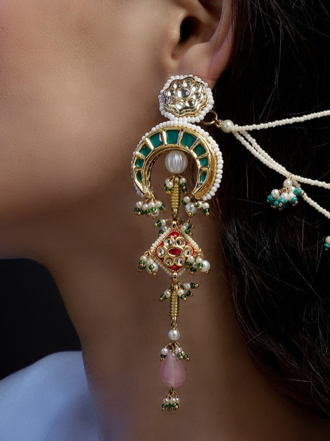 Green and Pink Long Kundan Earring from Dugristyle Ruhaniyat By Dugran