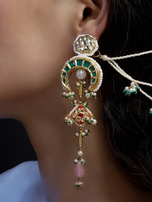Green and Pink Long Kundan Earring from Dugristyle Ruhaniyat By Dugran