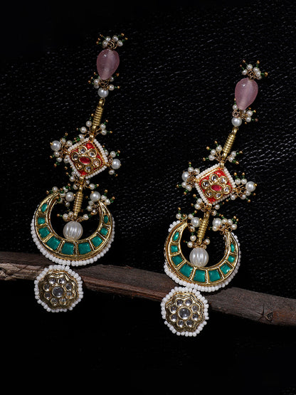 Green and Pink Long Kundan Earring from Dugristyle Ruhaniyat By Dugran