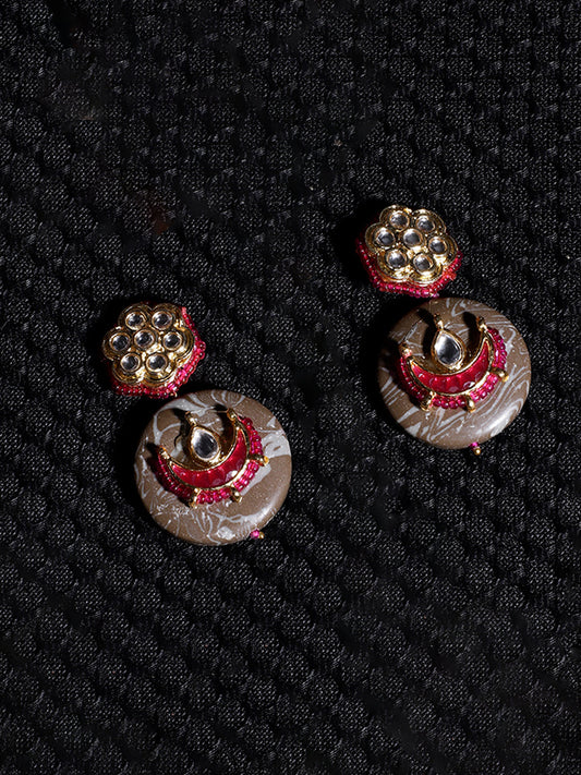 Brown and Pink Kundan Earring With Natural Stone from Dugristyle Ruhaniyat By Dugran
