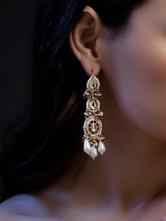 Red and White Kundan Earring with White Drops from Dugristyle Ruhaniyat By Dugran