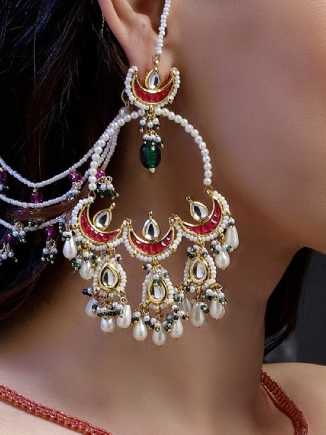 Red and Green Kundan Earring with Kanchain from Dugristyle Ruhaniyat By Dugran