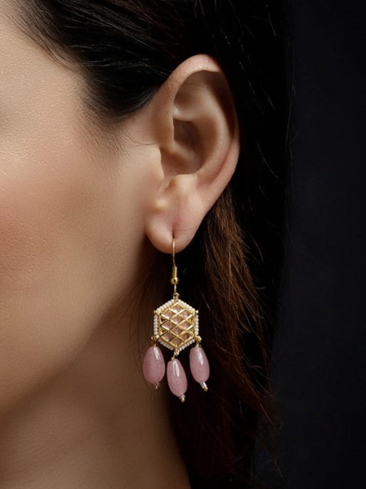 Pink and White Kundan Earring with Pink Drops from Dugristyle Ruhaniyat By Dugran