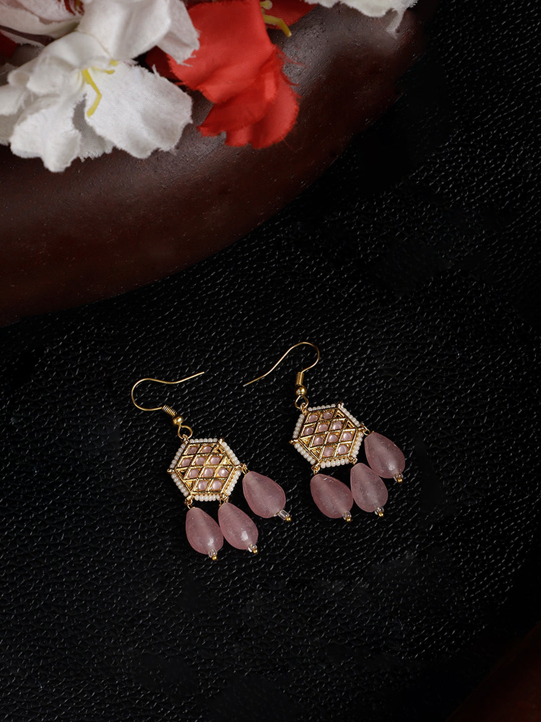 Pink and White Kundan Earring with Pink Drops from Dugristyle Ruhaniyat By Dugran