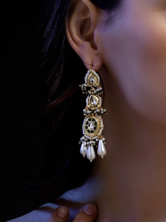 Green and White Kundan Earring with White Drops from Dugristyle Ruhaniyat By Dugran