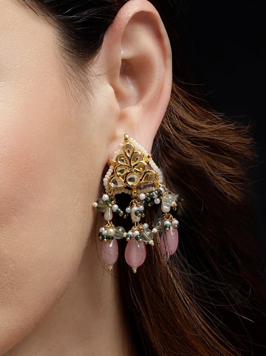 Pink and Green Kundan Earring with Pink Drops from Dugristyle Ruhaniyat By Dugran