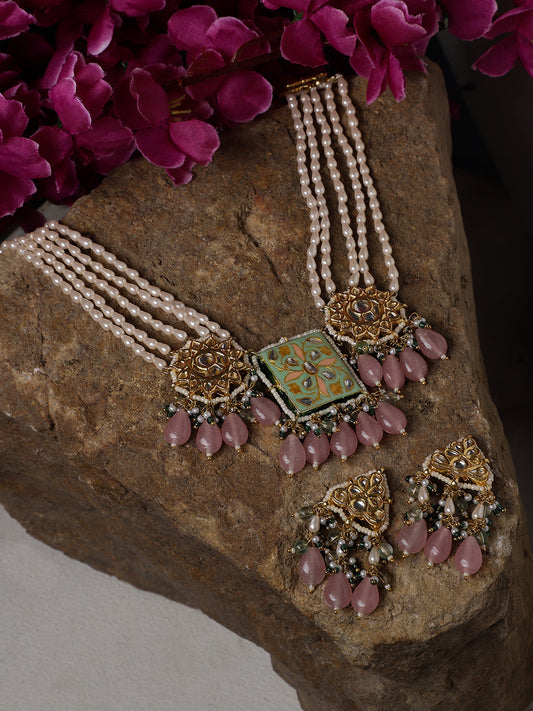 Pink and Green Kundan Earring with Pink Drops from Dugristyle Ruhaniyat By Dugran